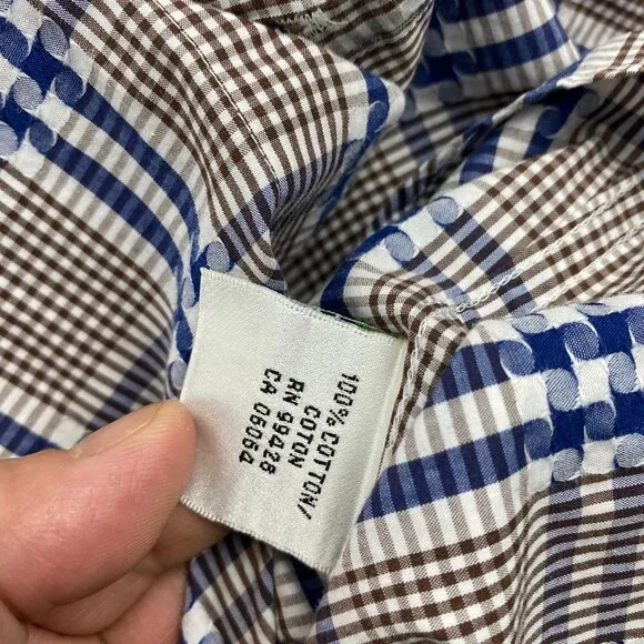 BUGATCHI UOMO Shirt Men Medium M Brown Blue Checkered Button Up Long Sleeve Polo - Picture 5 of 8